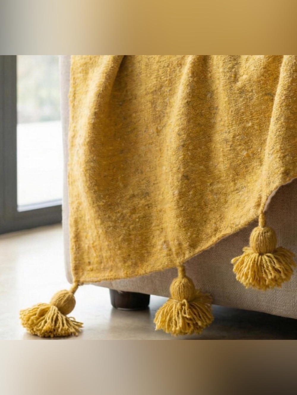 NWT Cotton pompom blanket mustard yellow - Picture 11 of 11